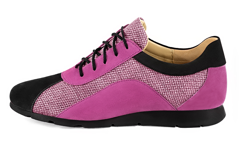 Matt black and carnation pink women's two-tone elegant sneakers. Round toe. Flat rubber soles. Profile view - Florence KOOIJMAN